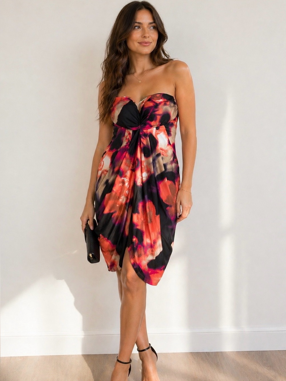 Vintage Baby Phat Strapless Floral Print Dress in Black, Coral, Magenta